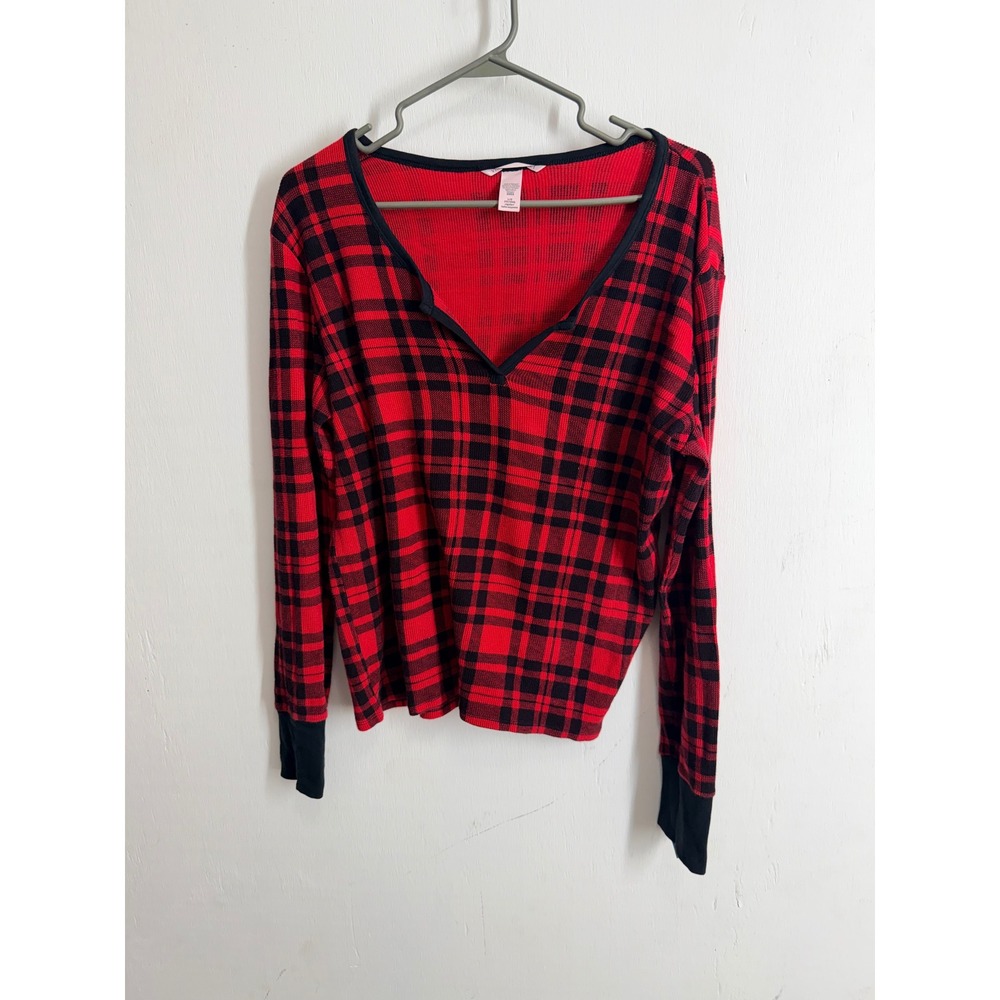 Victoria's Secret Red Black Plaid Thermal Pajama Top Large Waffle Knit V-Neck